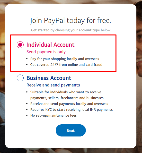 Sign up for Paypal India Account